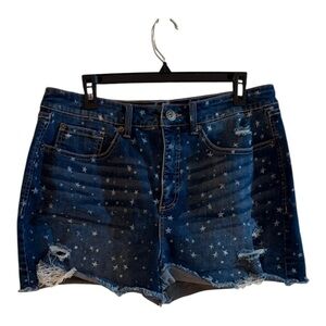 INC Denim women's high-rise cut-off jean shorts with a star pattern. Size 16 33